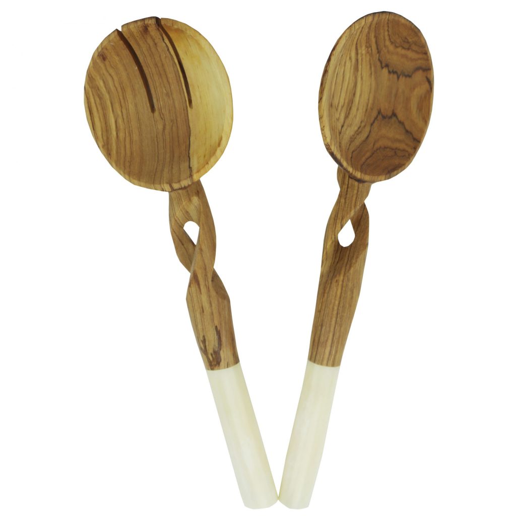 Couverts à salade en bois d'olivier torsadé embout en os – Image 3
