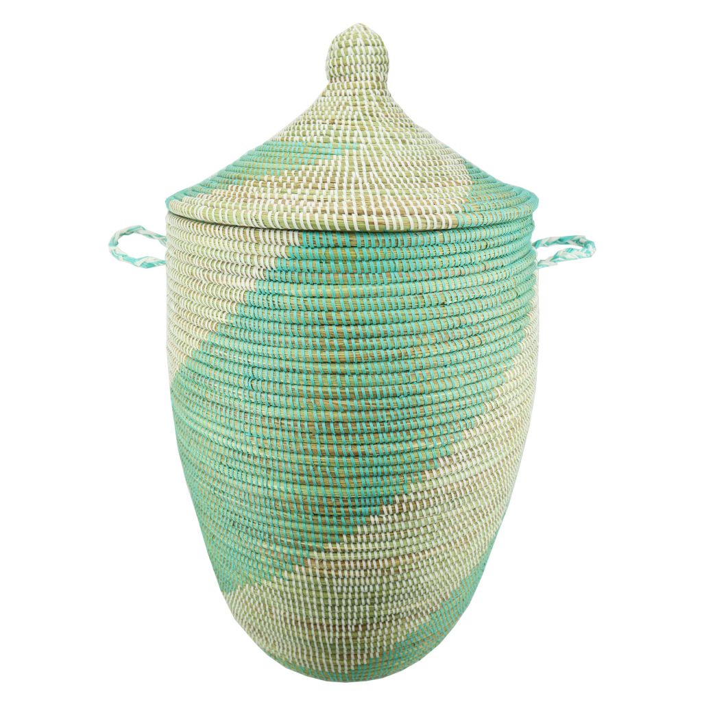 WHITE GREEN SPIRAL WOVEN AFRICAN BASKET L