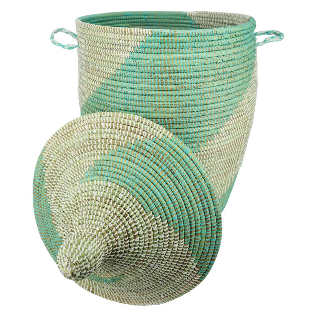 WHITE GREEN SPIRAL WOVEN AFRICAN BASKET L - Image 3