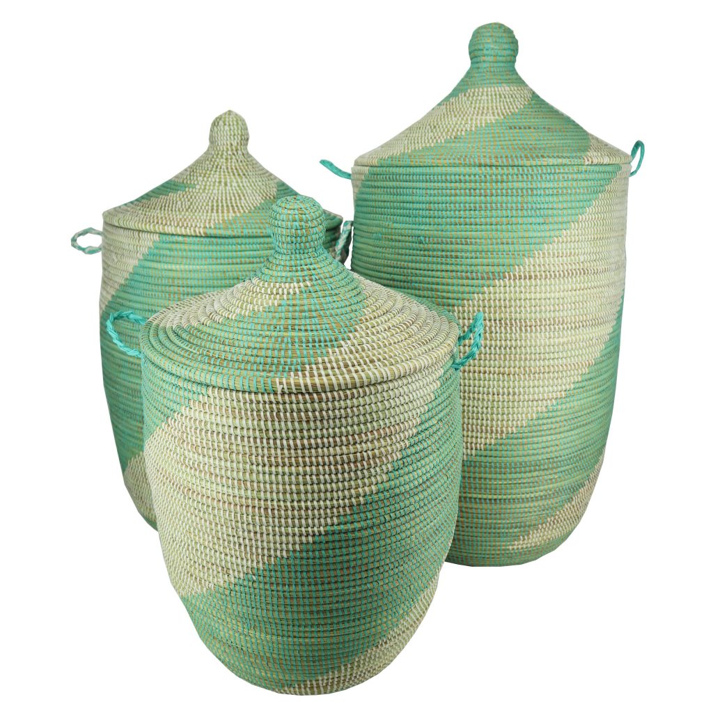 WHITE GREEN SPIRAL WOVEN AFRICAN BASKET L - Image 4