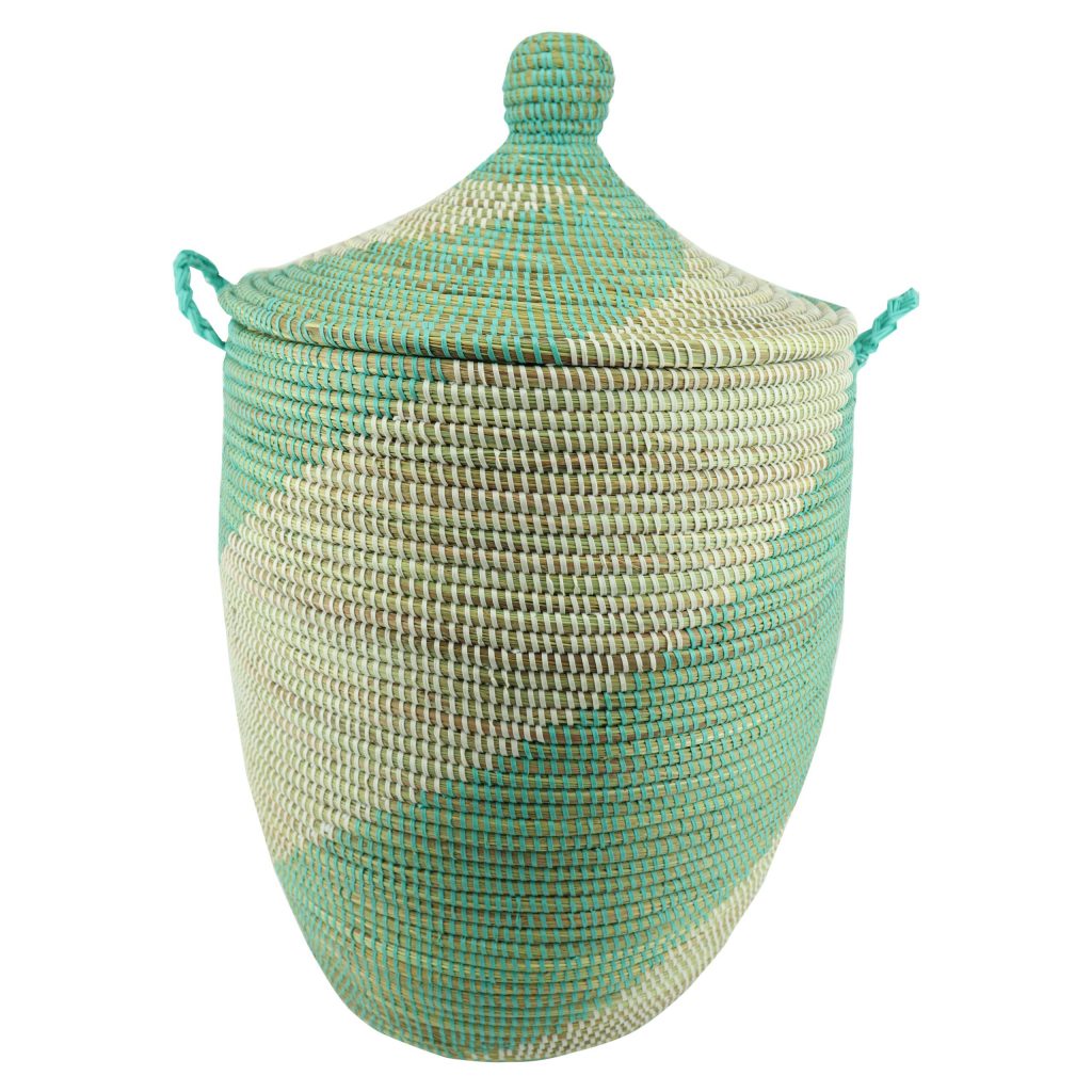 WHITE GREEN SPIRAL WOVEN AFRICAN BASKET M
