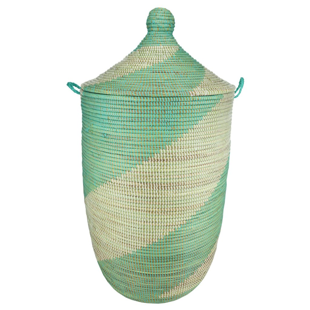 AFRICAN WOVEN BASKET GREEN WHITE L