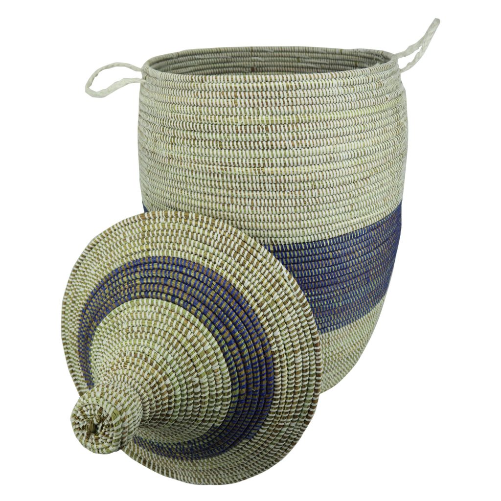 WHITE BLUE WOVEN AFRICAN BASKET L - Image 3