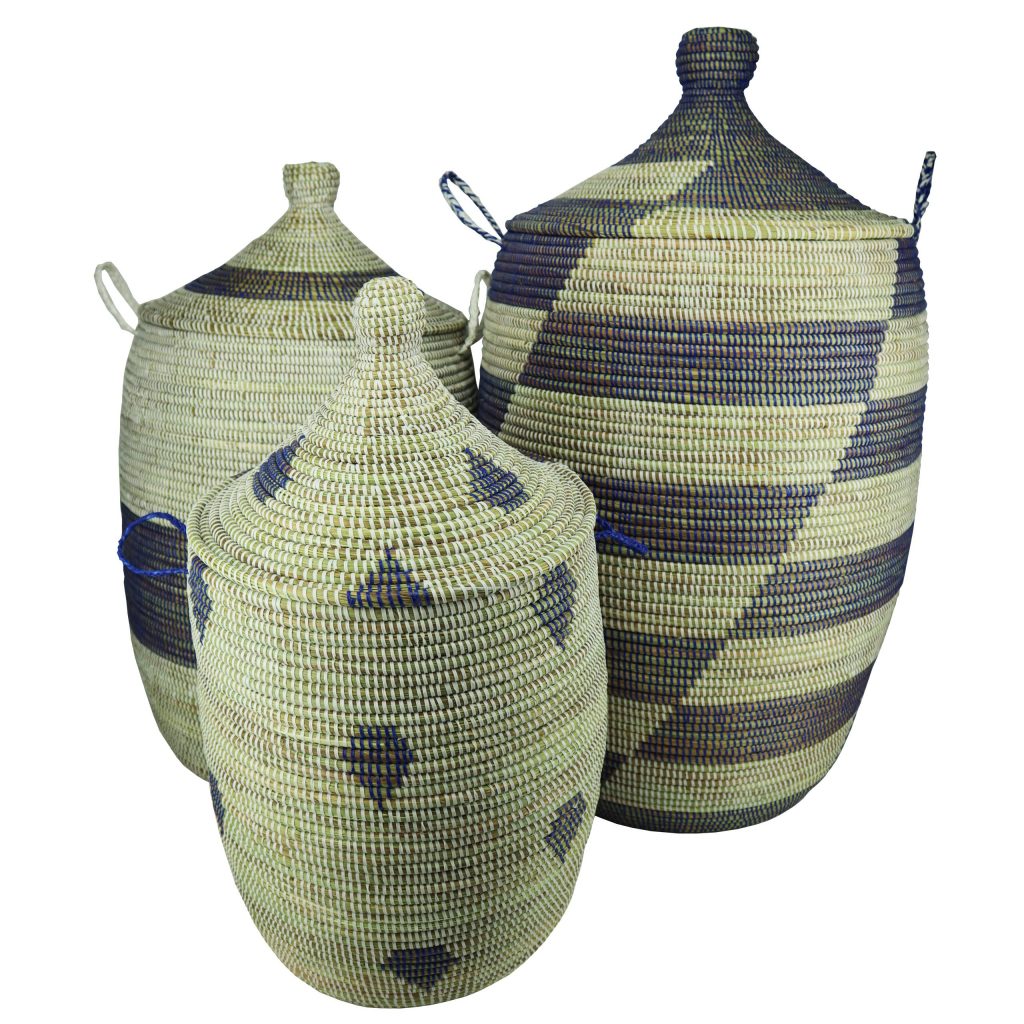 WHITE BLUE WOVEN AFRICAN BASKET M - Image 3