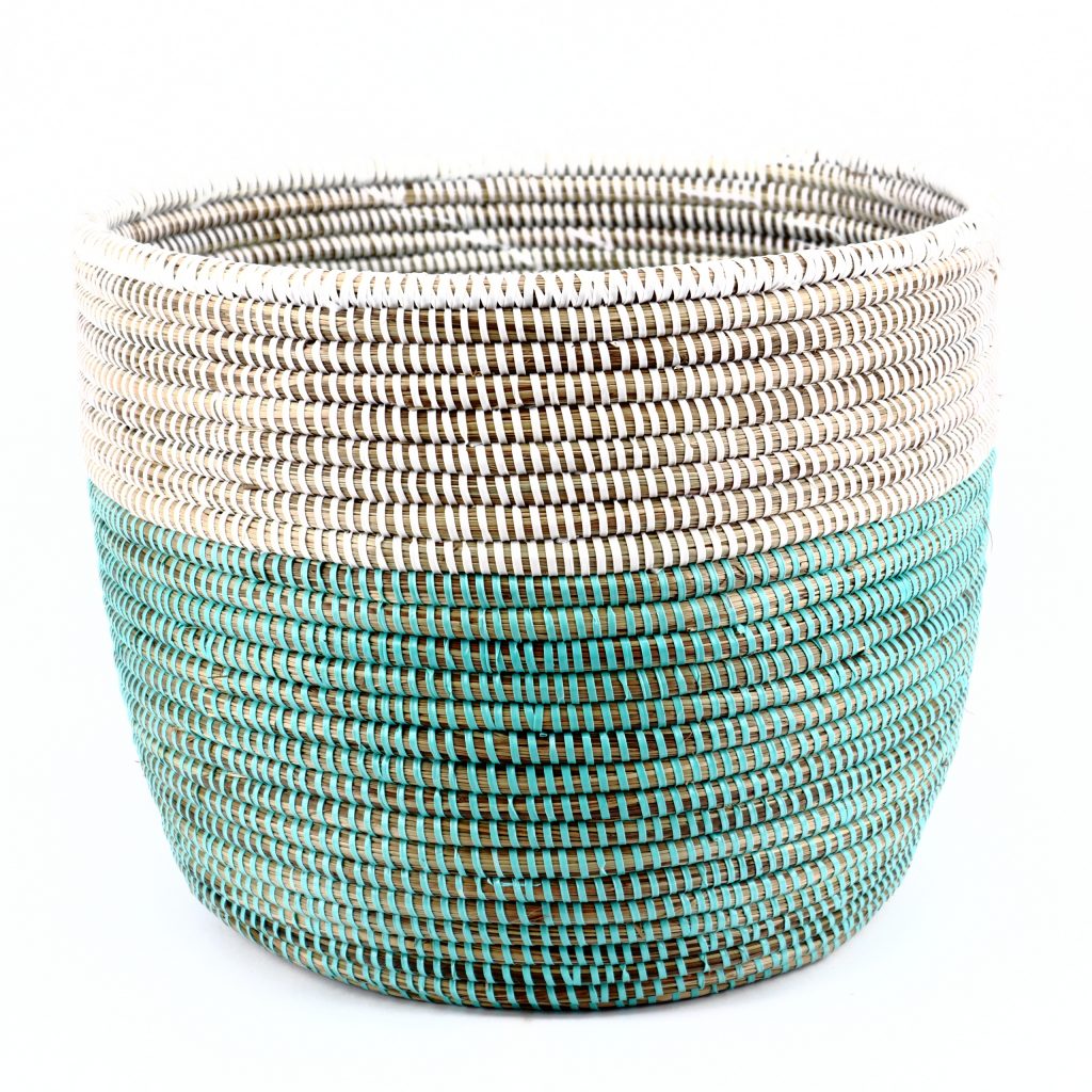 GREEN WHITE CYLINDRICAL AFRICAN BASKET S