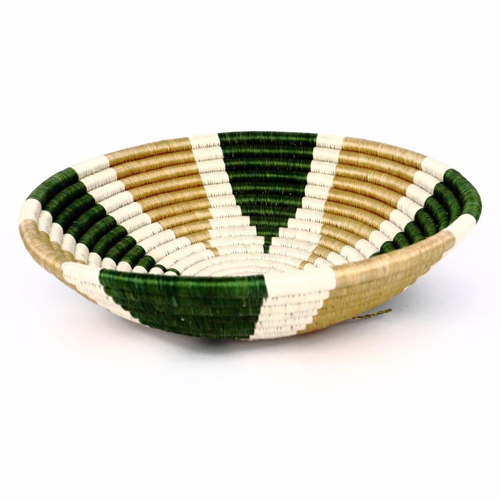 Panier rond tissé africain beige vert blanc #1