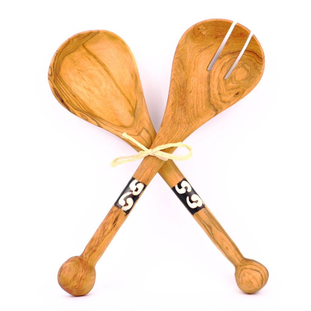 Couverts à salade en bois d'olivier déco os embout rond – Image 3