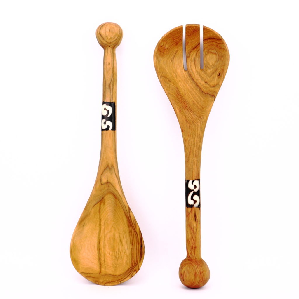 Couverts à salade en bois d'olivier déco os embout rond