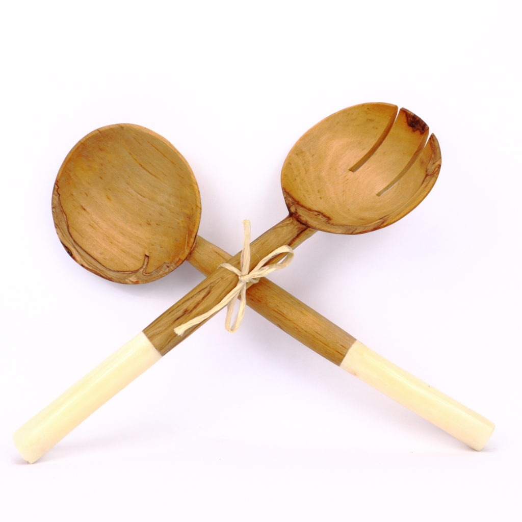 Couverts à salade en bois d'olivier embout os blanc – Image 3