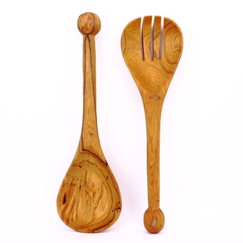 Couverts à salade en bois d'olivier embout rond