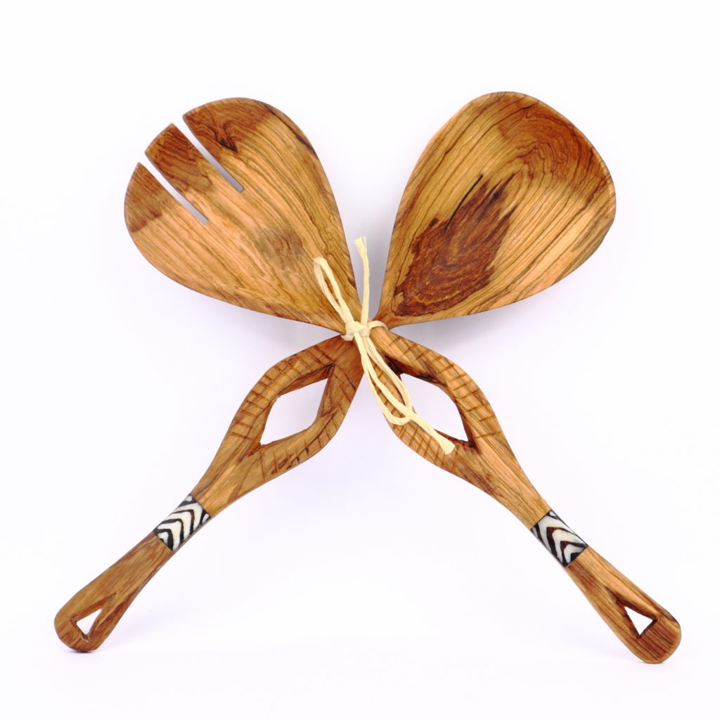 COUVERTS A SALADE EN BOIS D'OLIVIER MOTIF LOSANGE AVEC OS