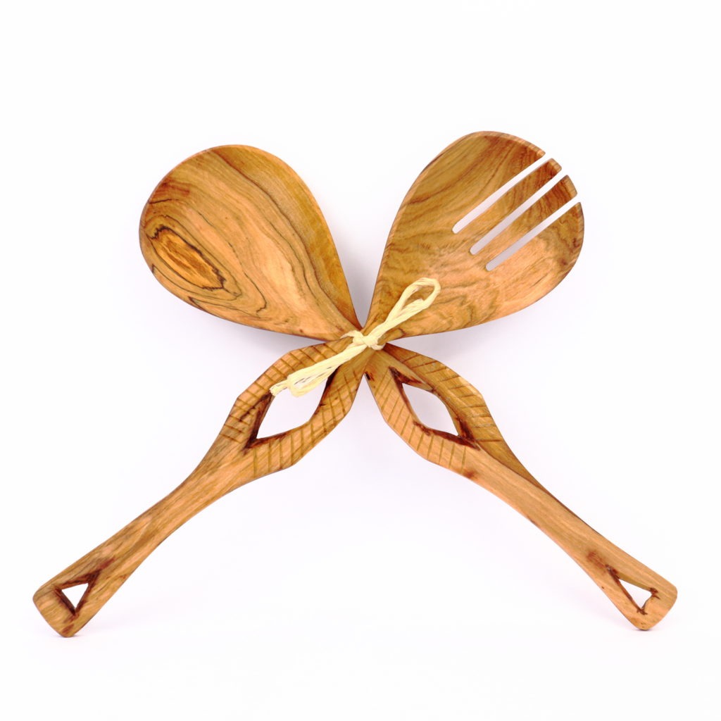 COUVERTS A SALADE EN BOIS D'OLIVIER MOTIF LOSANGE