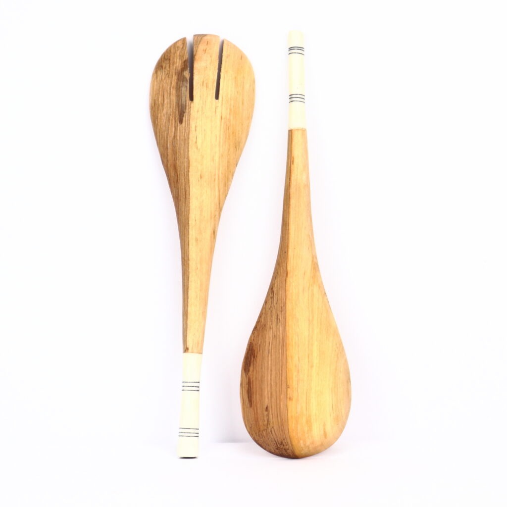 Couverts à salade rond en bois d'olivier embout os déco duo de lignes – Image 3