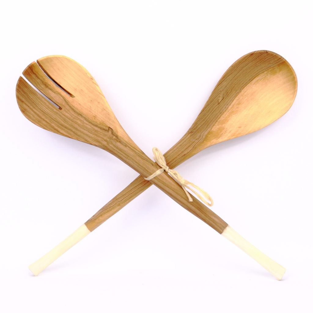 Couverts à salade ovale en bois d'olivier embout os – Image 3