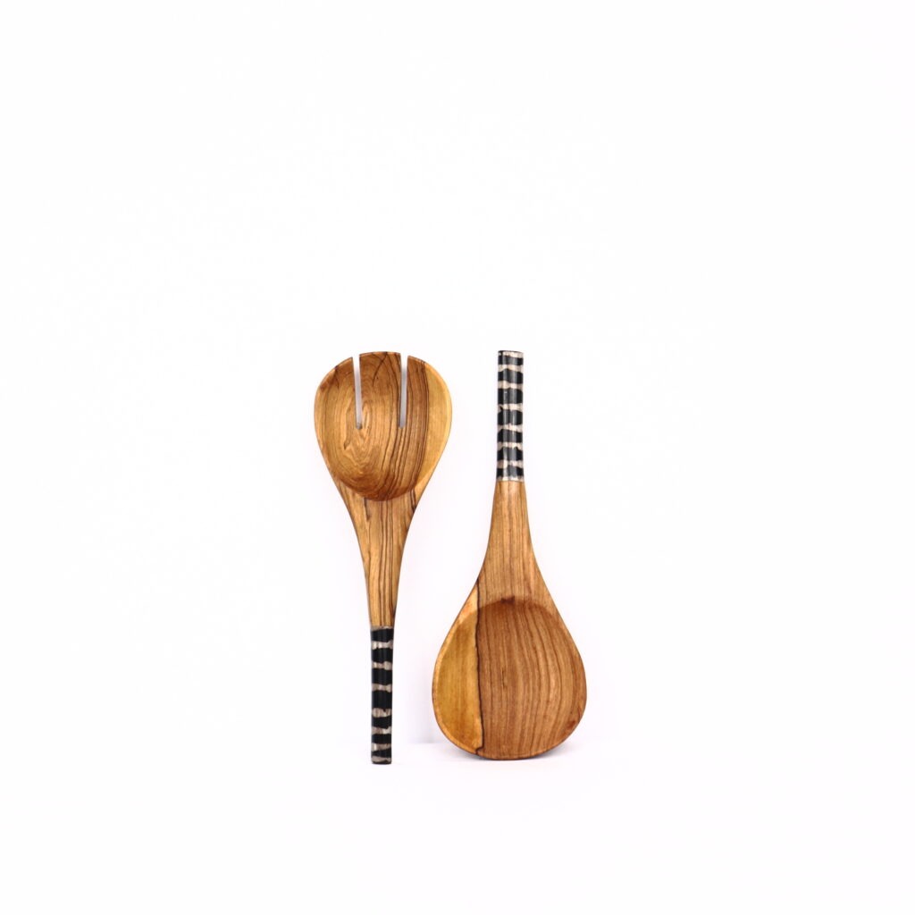 Mini couverts à salade ovale en bois d'olivier embout os