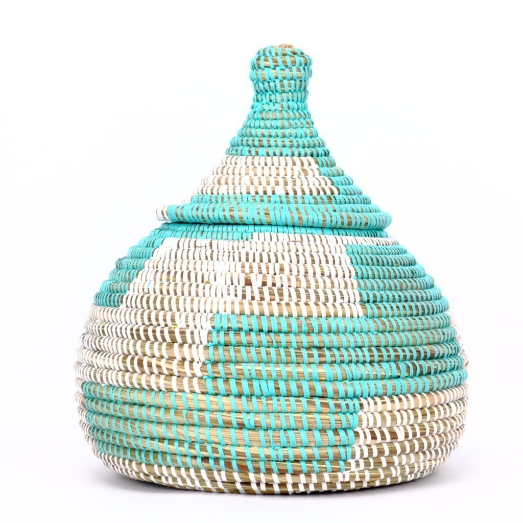 SMALL ROUND AFRICAN BASKET WHITE GREEN XS