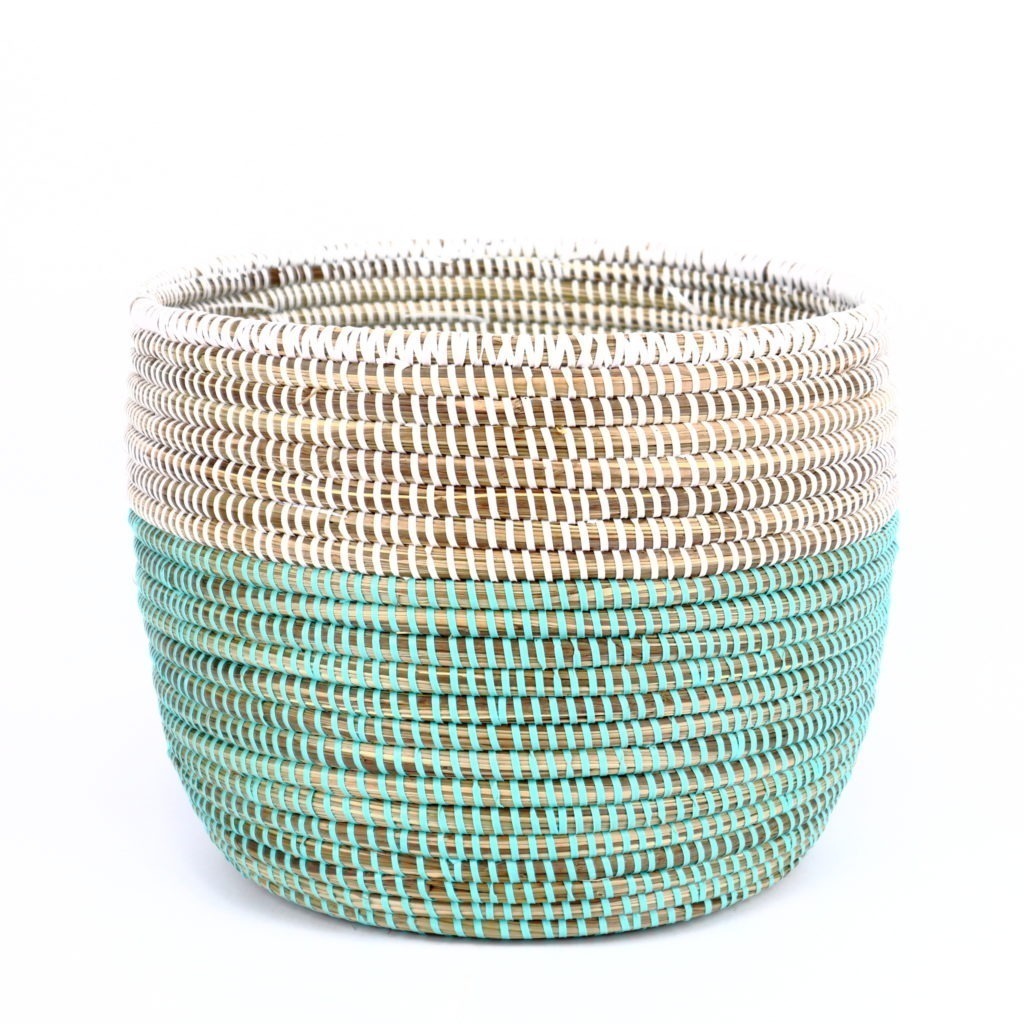 SMALL SENEGALESE BASKET CYLINDRICAL WHITE GREEN XS