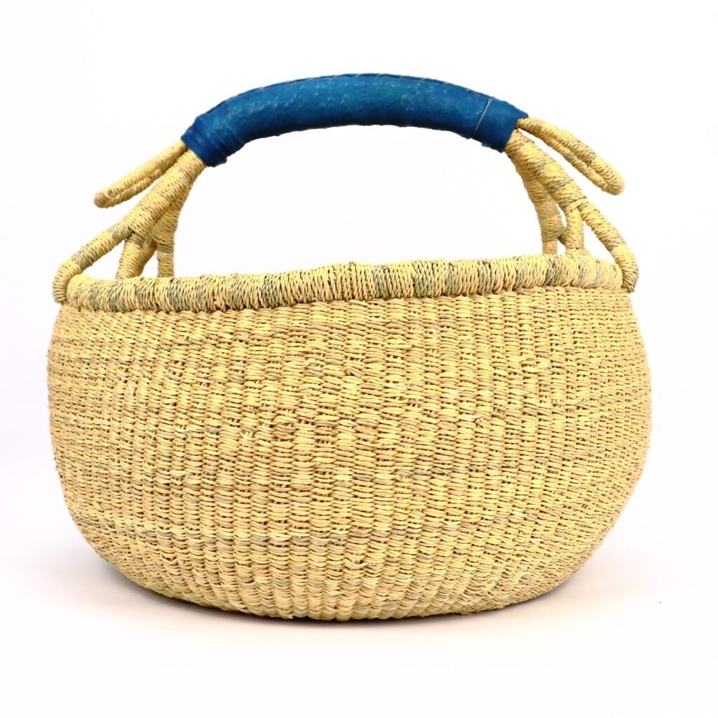 Panier bolga rond naturel anse bleu #2