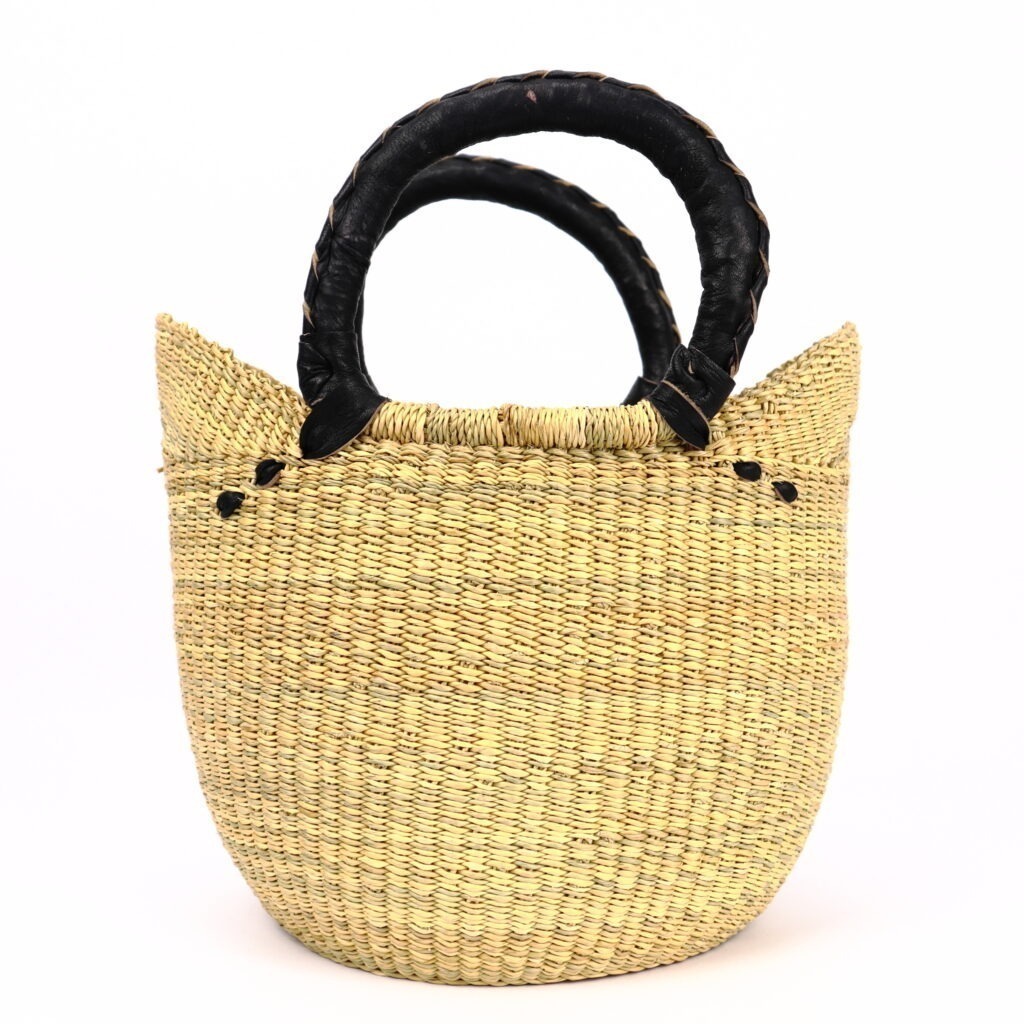 Petit panier bolga naturel avec anses en cuir noir