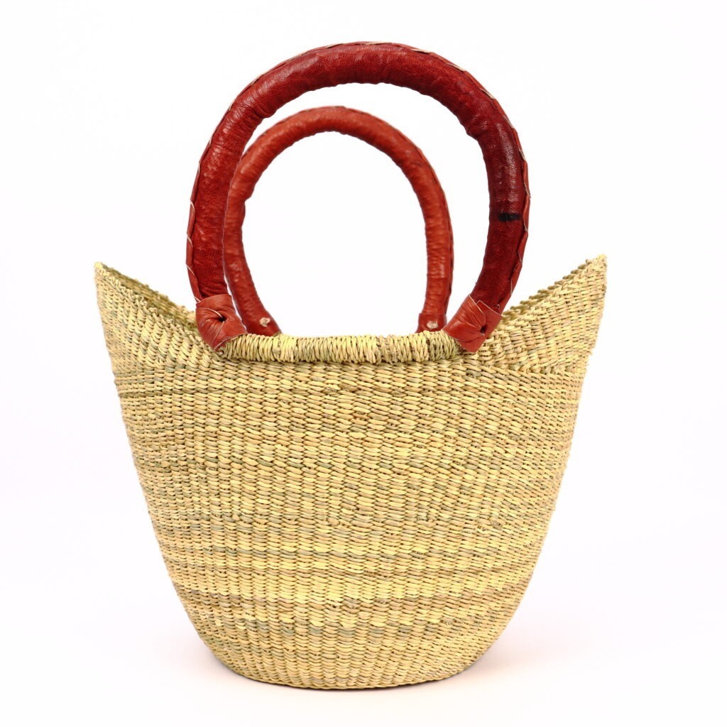 Petit panier bolga naturel avec anses en cuir orange