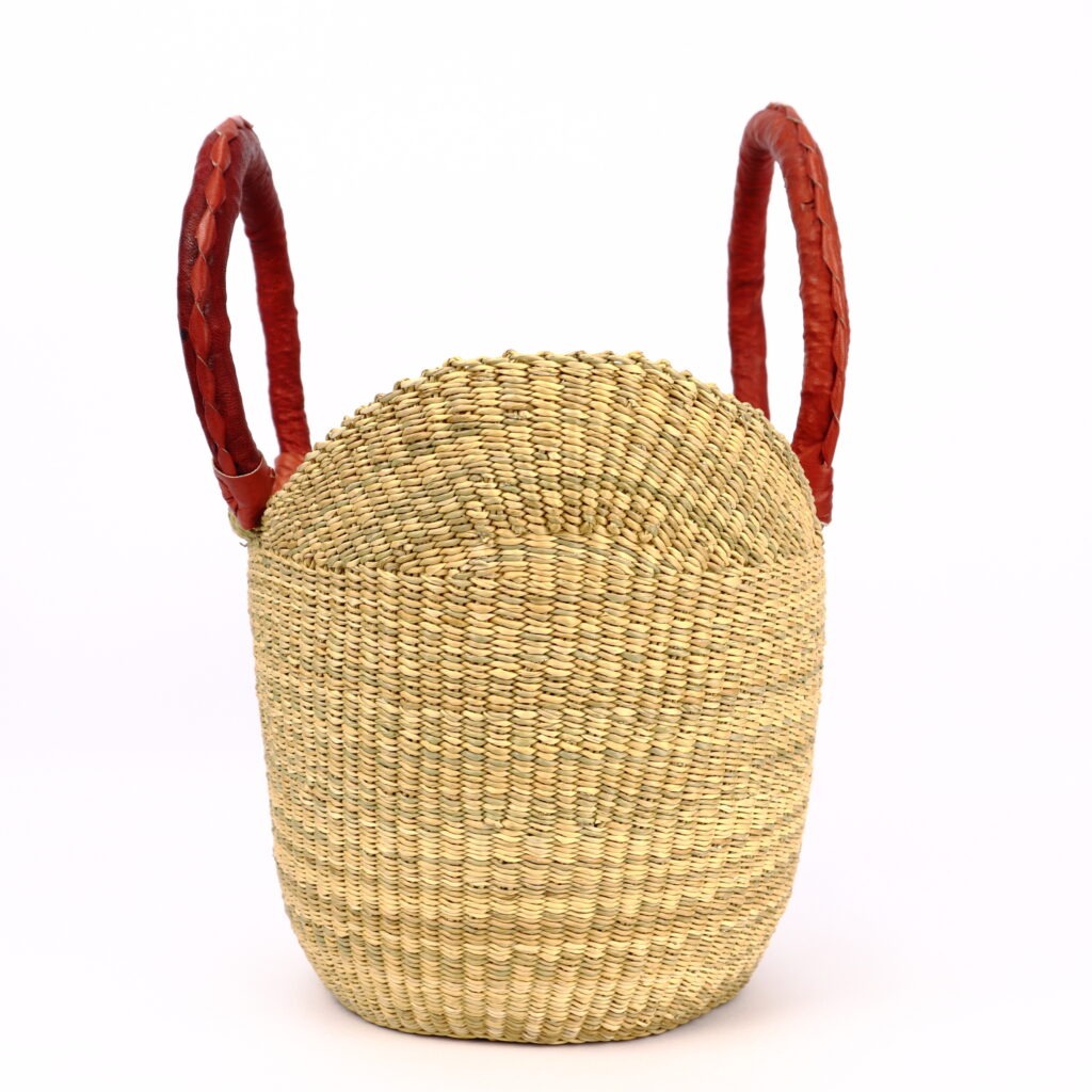 Petit panier bolga naturel avec anses en cuir orange – Image 3