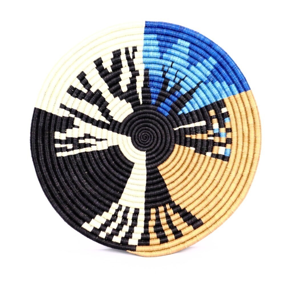 Dessous de plat moyen africain tissé arbre mix bleu beige blanc #1