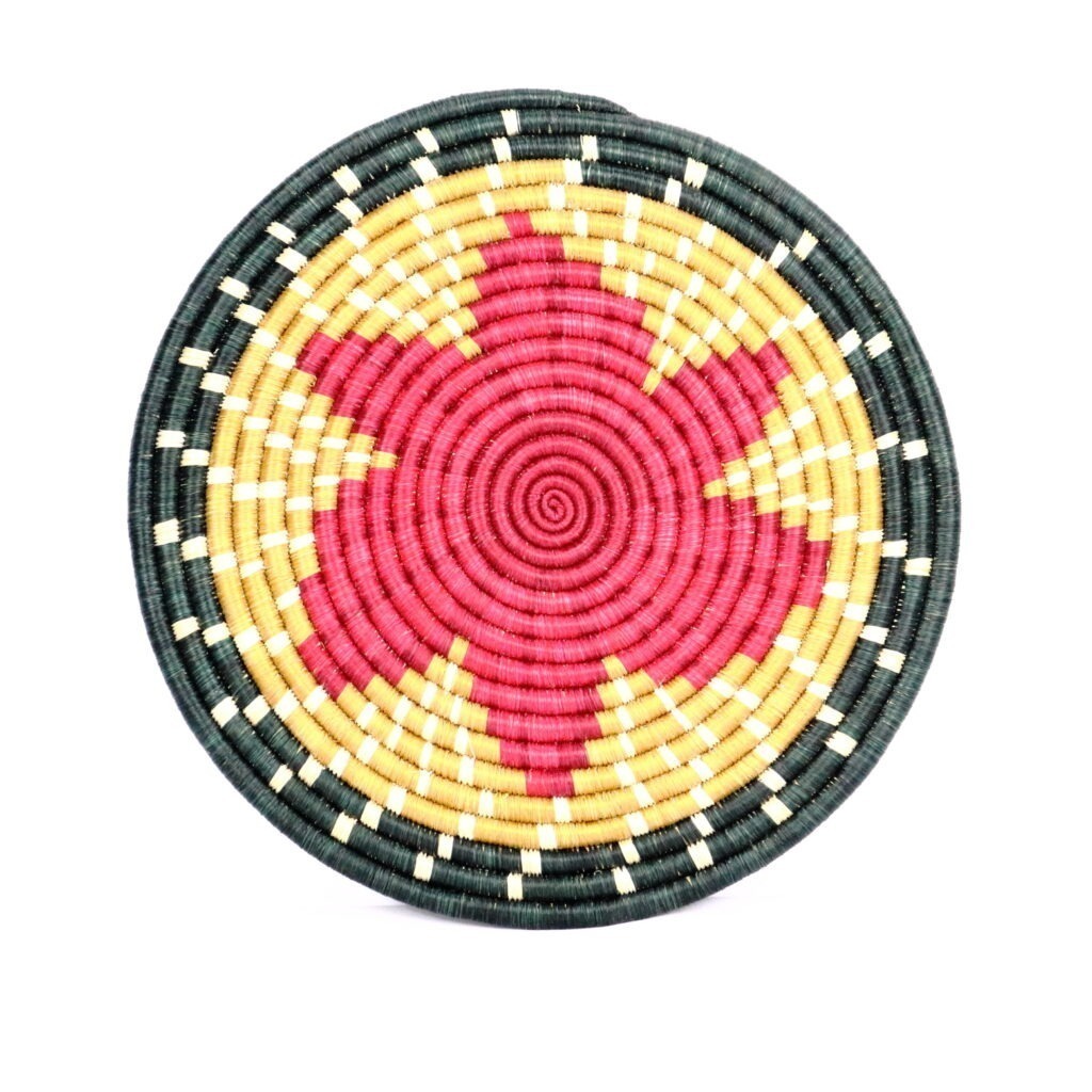 Dessous de plat moyen africain tissé vert beige fleur rouge #1