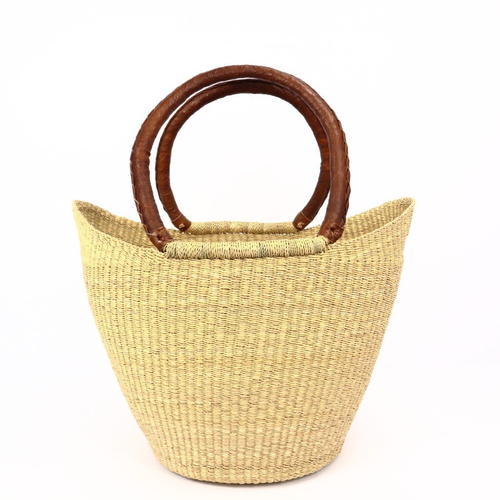 Grand panier bolga naturel avec anses en cuir camel #1