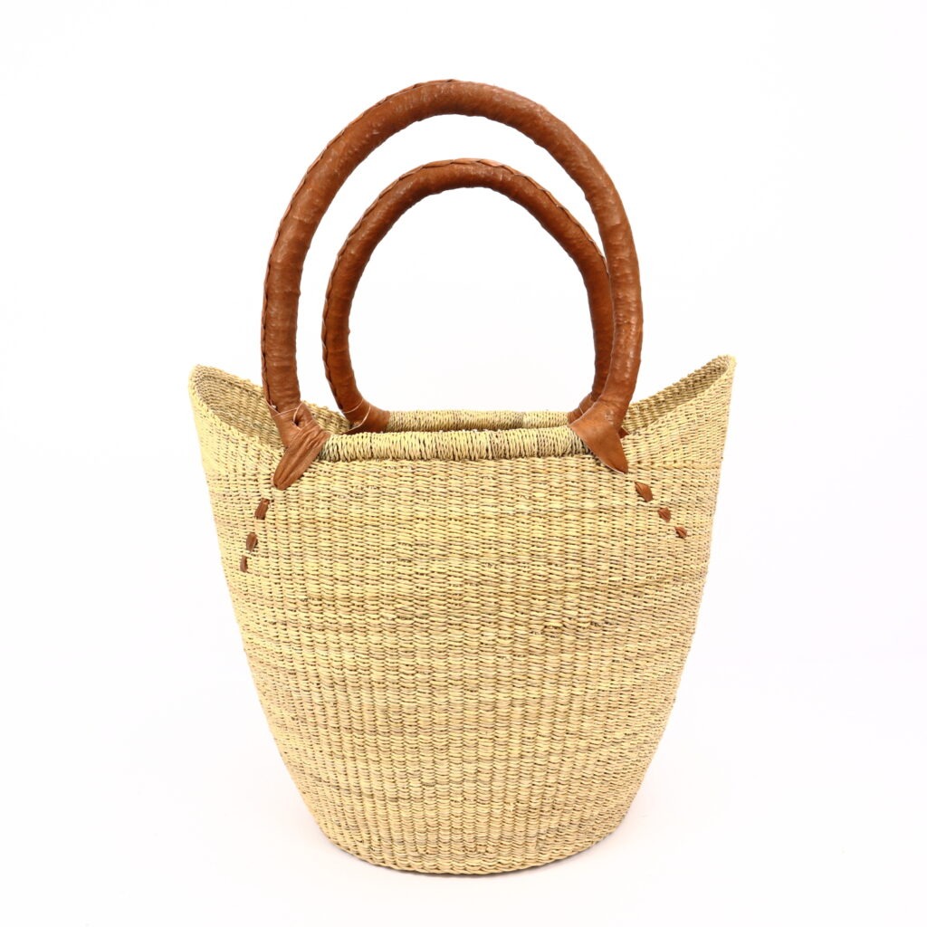 Grand panier bolga naturel avec anses en cuir camel #2