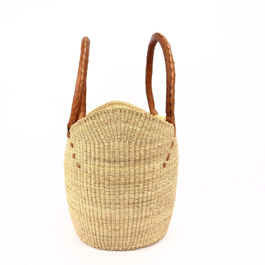 Grand panier bolga naturel avec anses en cuir camel #2 – Image 3