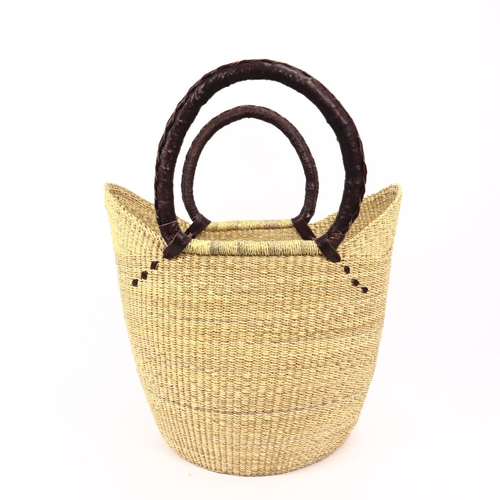 Grand panier bolga naturel avec anses en cuir marron #2