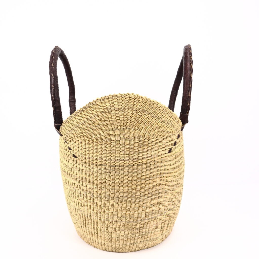 Grand panier bolga naturel avec anses en cuir marron #2 – Image 3