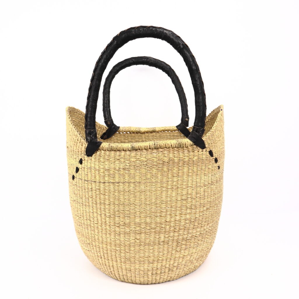 Grand panier bolga naturel avec anses en cuir noir #2