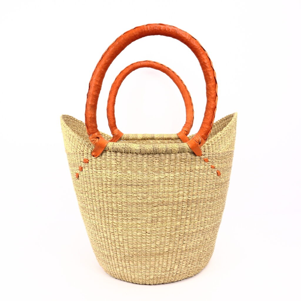 Grand panier bolga naturel avec anses en cuir orange #2