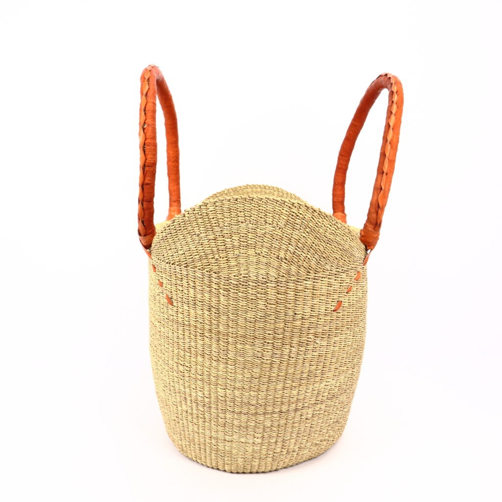 Grand panier bolga naturel avec anses en cuir orange #2 – Image 3