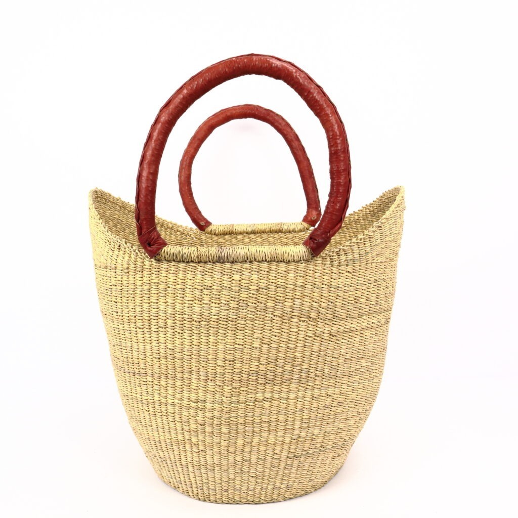 Grand panier bolga naturel avec anses en cuir rouge #1