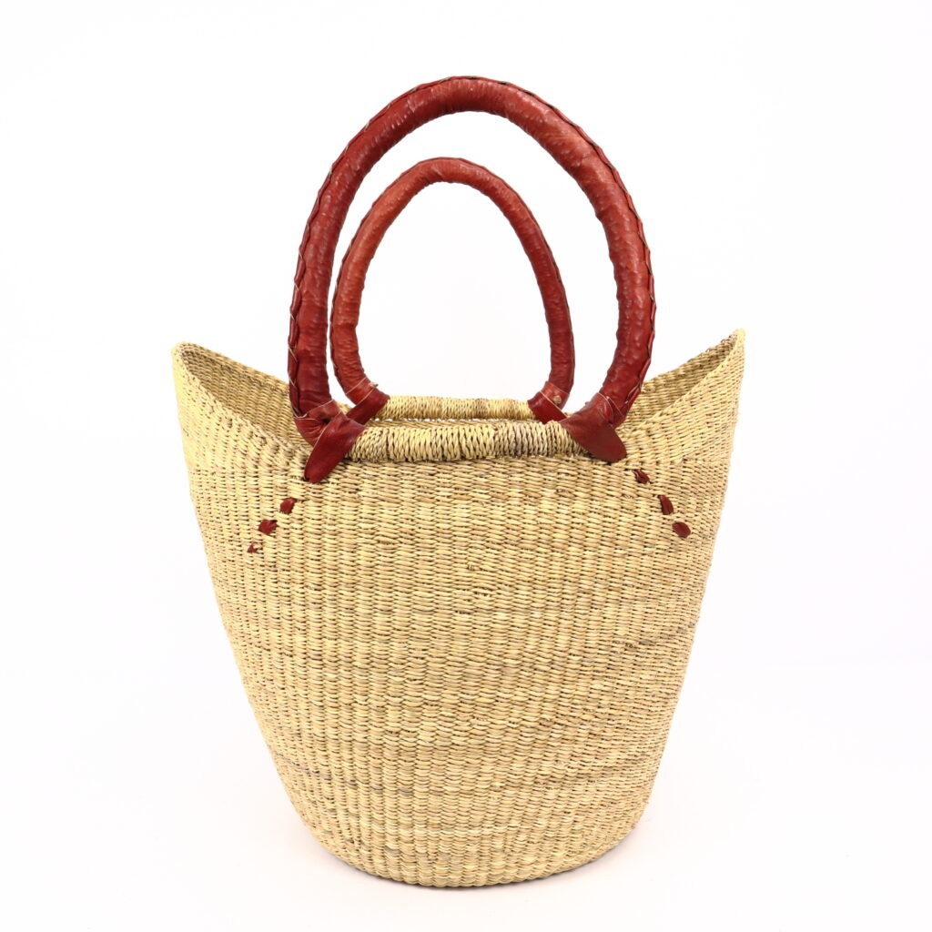 Grand panier bolga naturel avec anses en cuir rouge #2