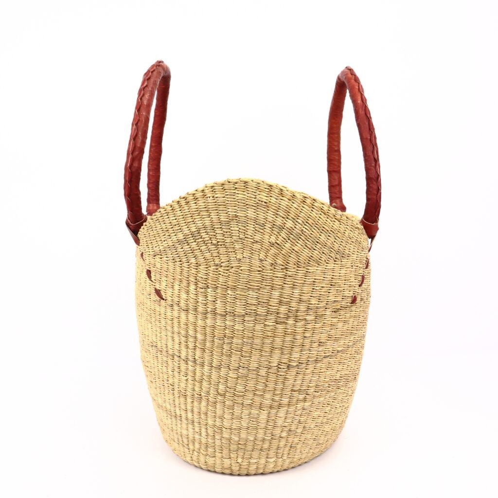 Grand panier bolga naturel avec anses en cuir rouge #2 – Image 3