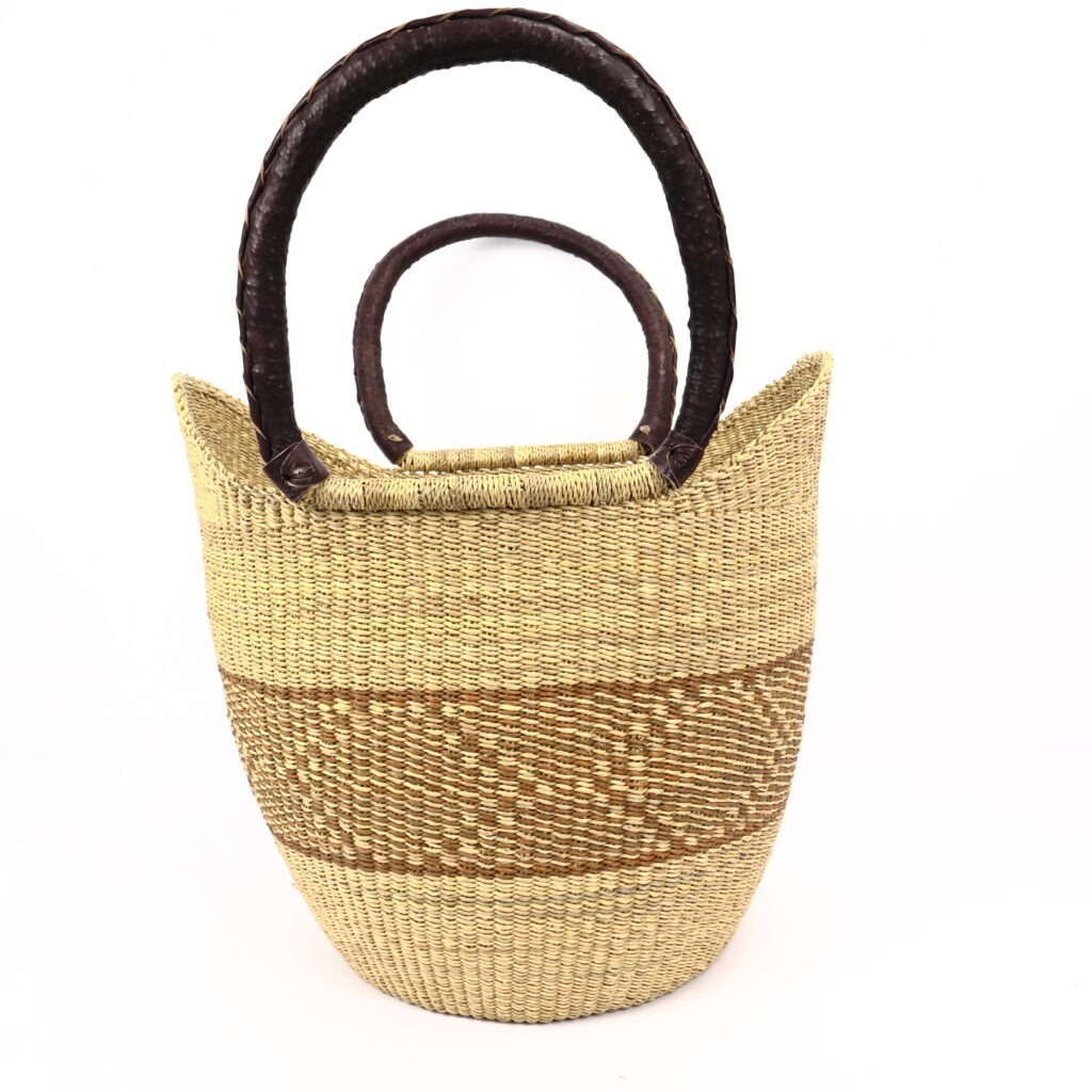 Grand panier bolga naturel avec bande beige cuir marron