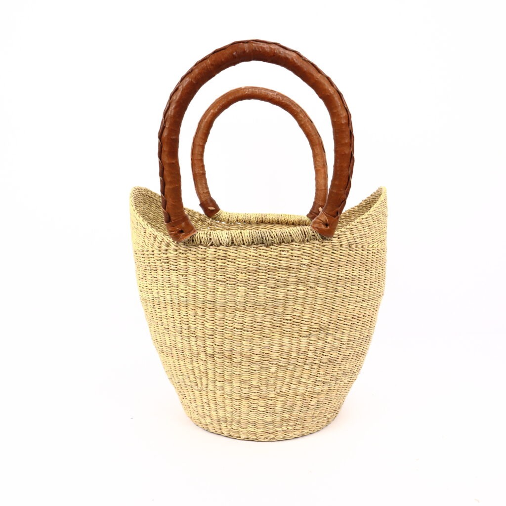 Panier moyen bolga naturel avec anses en cuir camel #1