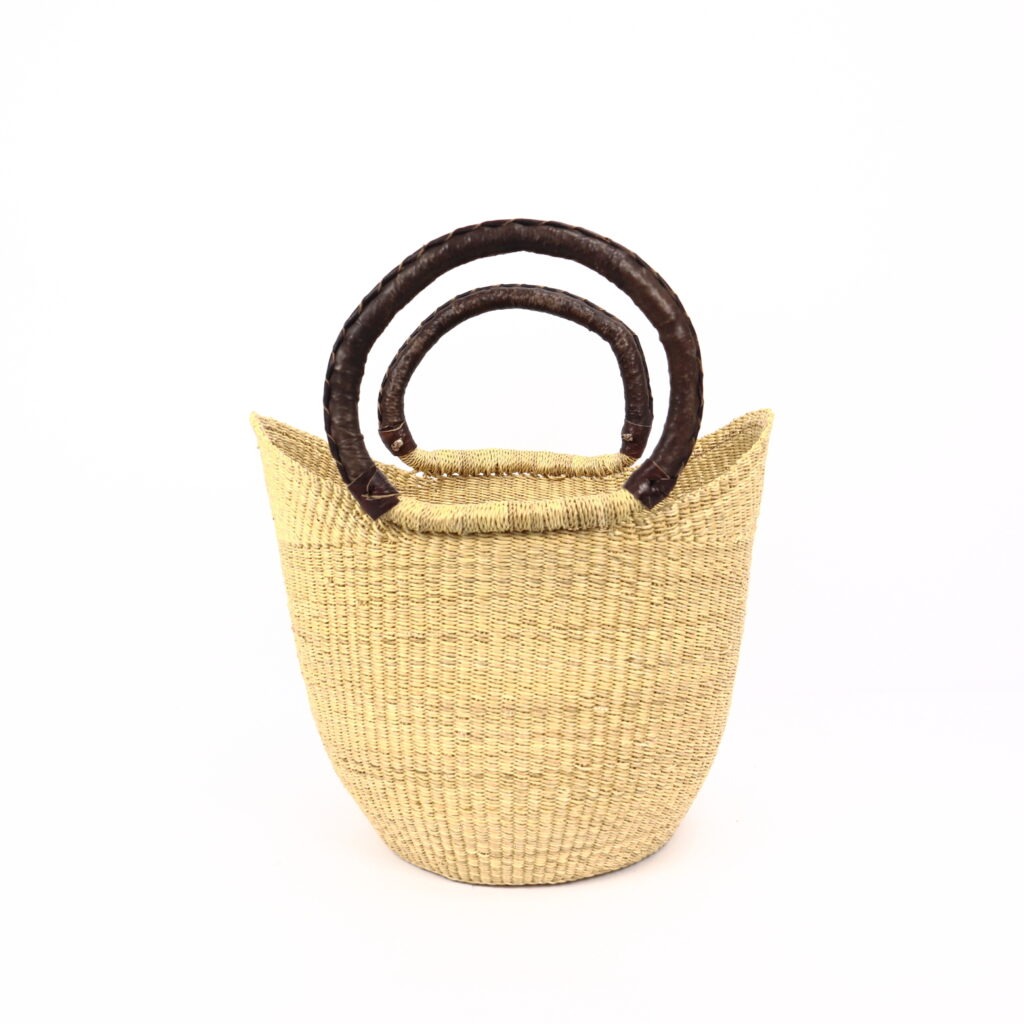 Panier moyen bolga naturel avec anses en cuir marron #1