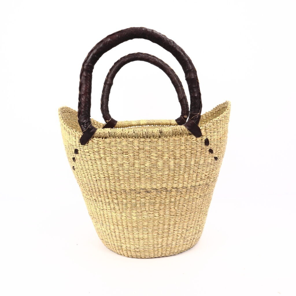 Panier moyen bolga naturel avec anses en cuir marron #2