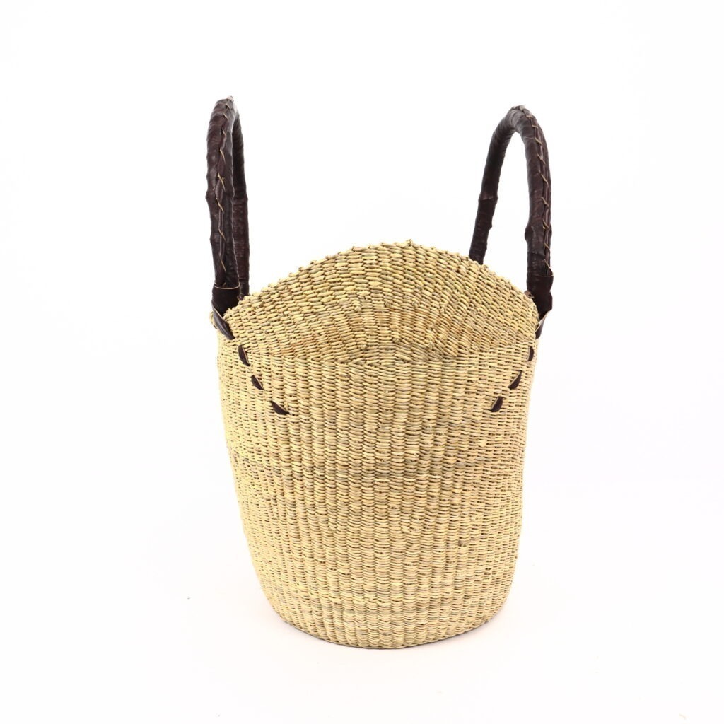 Panier moyen bolga naturel avec anses en cuir marron #2 – Image 3