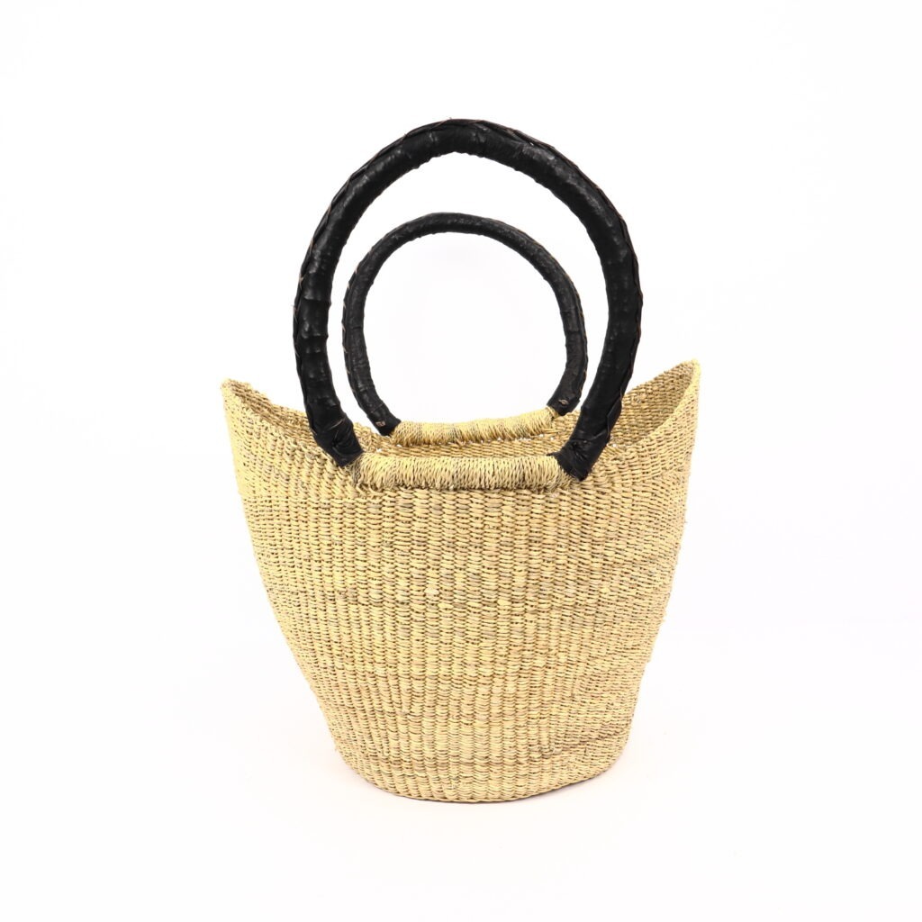Panier moyen bolga naturel avec anses en cuir noir #1