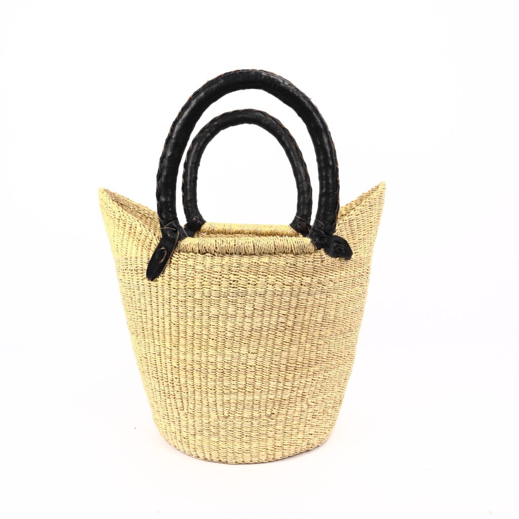Panier moyen bolga naturel avec anses en cuir noir #2