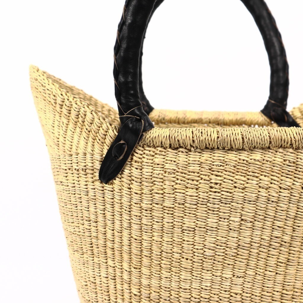 Panier moyen bolga naturel avec anses en cuir noir #2 - Image 3