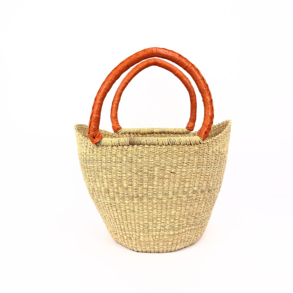 Panier moyen bolga naturel avec anses en cuir orange #1