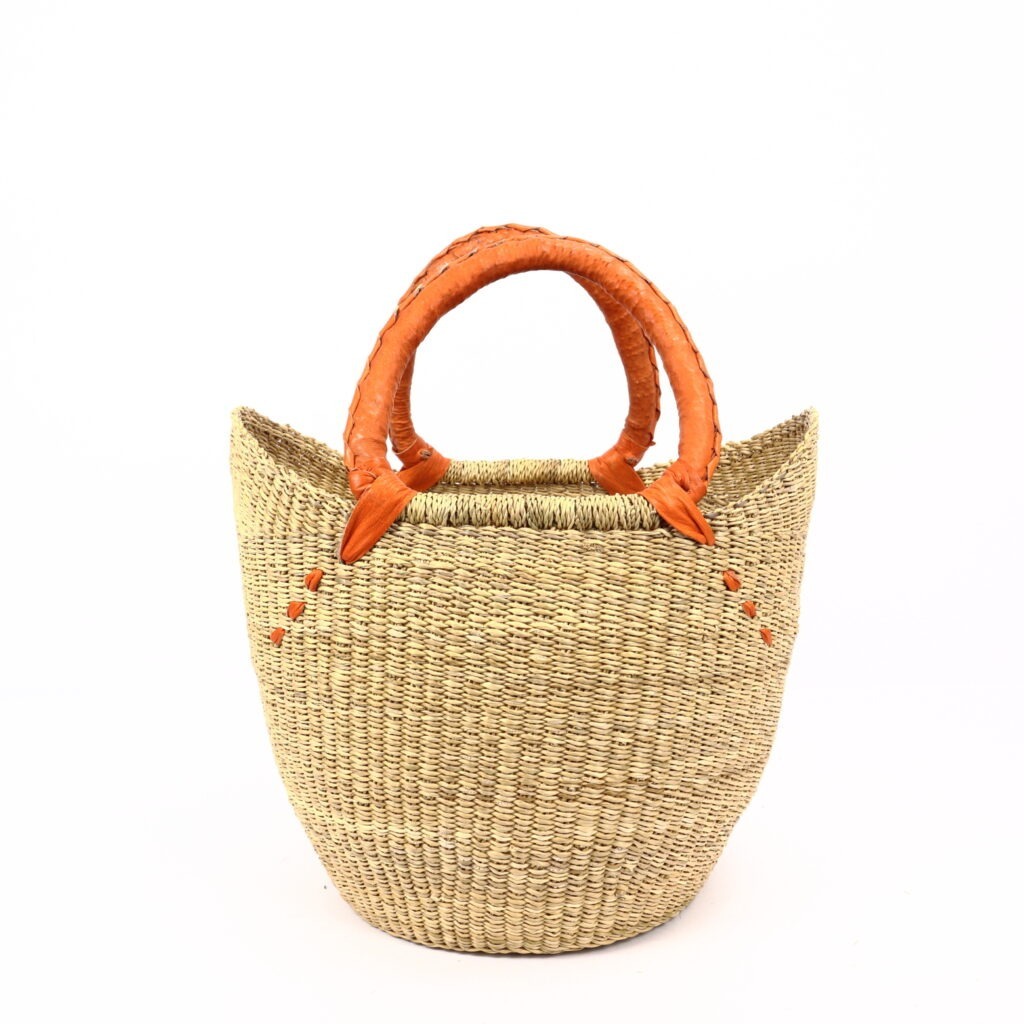 Panier moyen bolga naturel avec anses en cuir orange #2