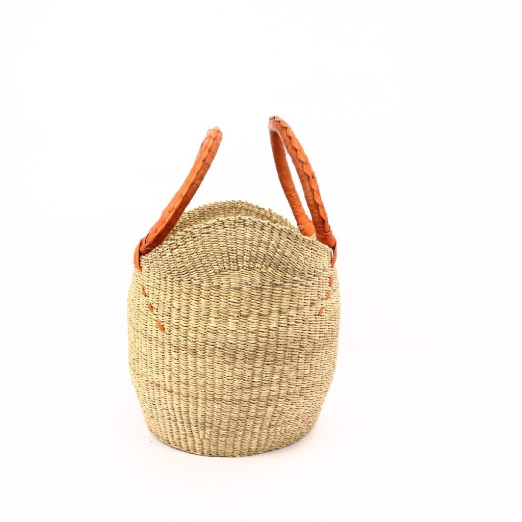 Panier moyen bolga naturel avec anses en cuir orange #2 – Image 3