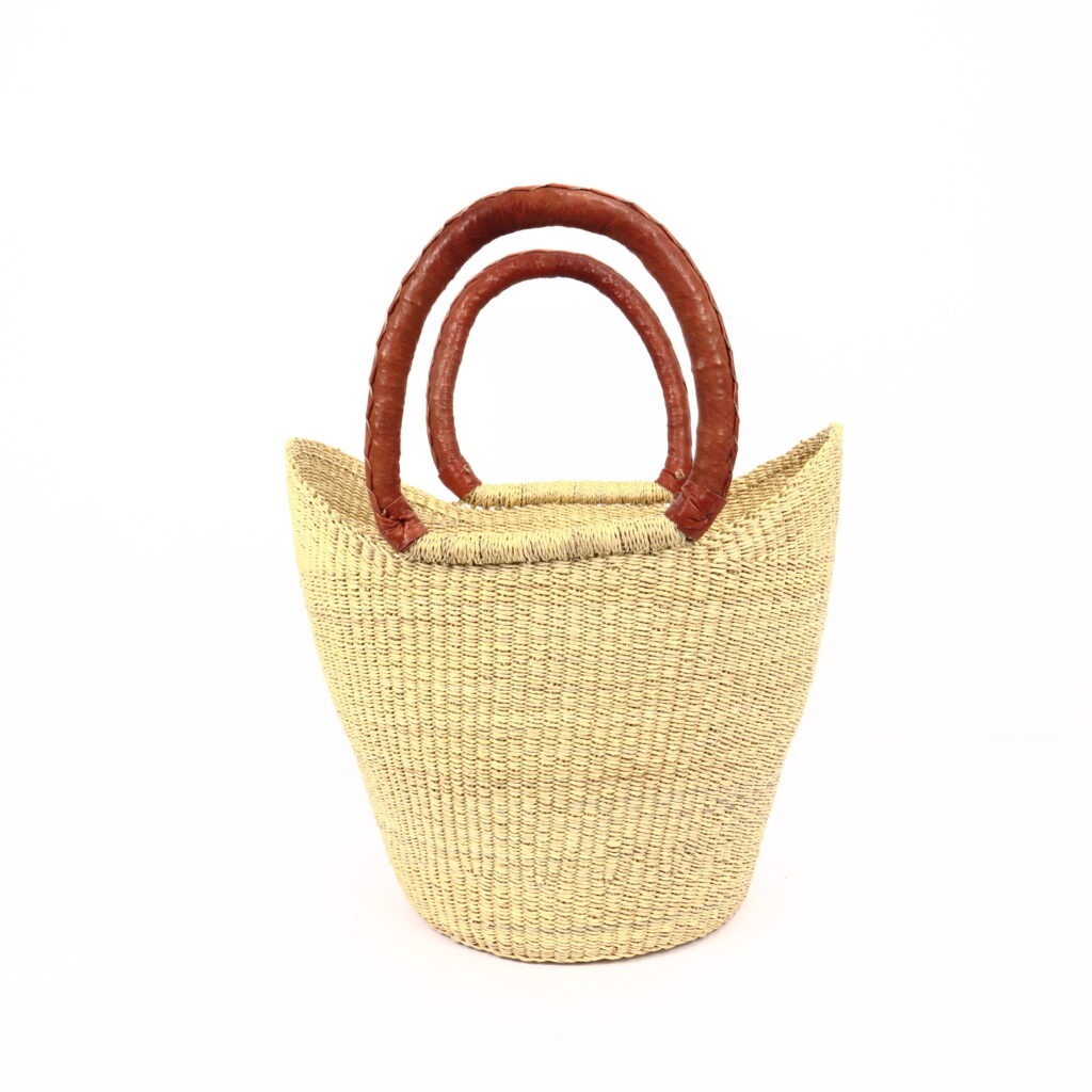 Panier moyen bolga naturel avec anses en cuir orange